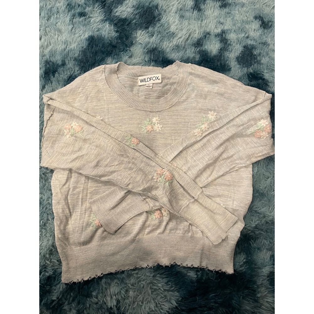 Wildfox Gray Floral Embroidered Long Sleeve‎ Sweater Top